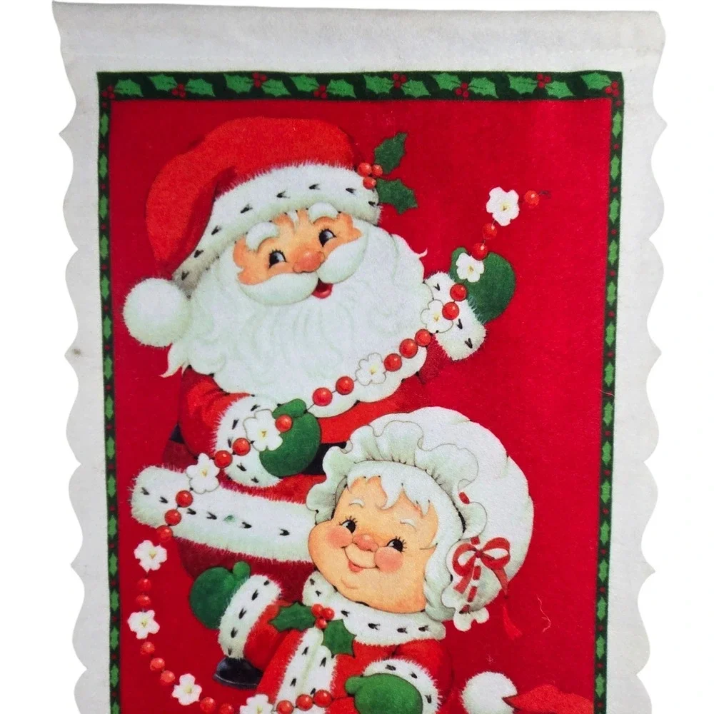 Vintage 80s Morehead Inc Santa Mrs Claus Puppy Felt Banner Wall Hanging 21x12